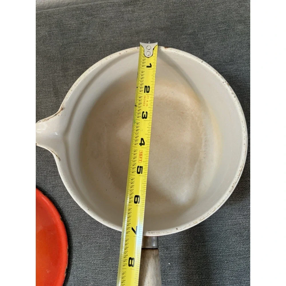 Vintage Le Creuset Castoflon #18 Saucepan with Lid Teck Wood Handle Flame Orange